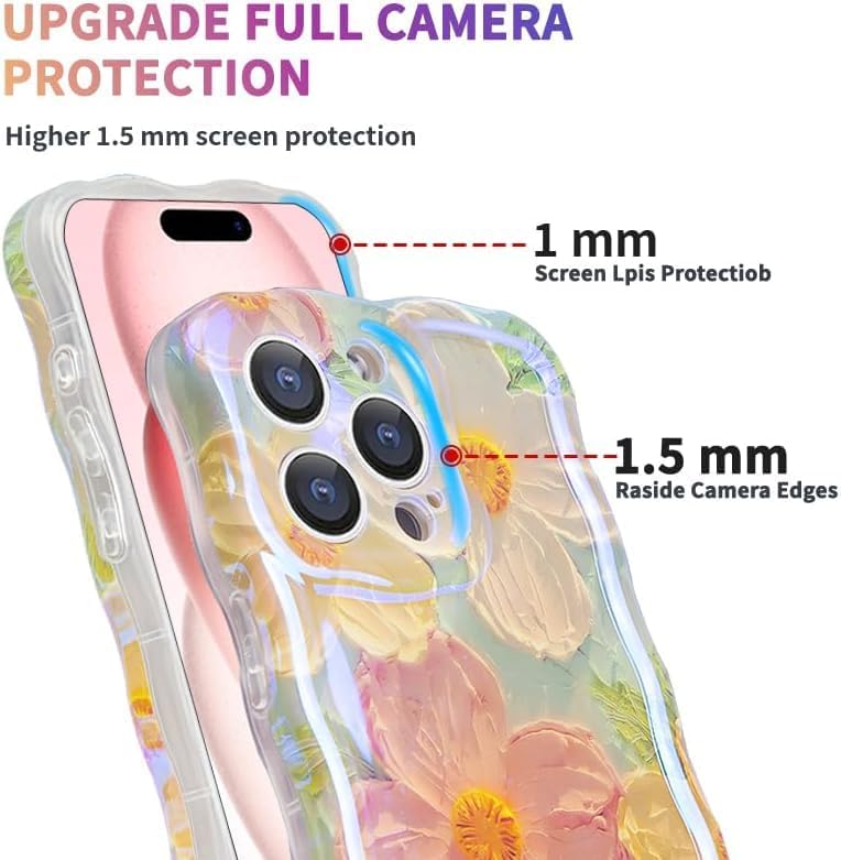 حافظة لجهاز iPhone 15 Pro، طباعة زيتية رجعية ملونة، نقش زهور ليزر لامع، حدود موجات مجعدة لطيفة، حافظة هاتف أنيقة، حافظة حماي�� من TPU أنيقة ومتينة للفتيات، أخضر - Image 3