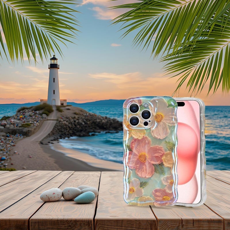 حافظة لجهاز iPhone 15 Pro، طباعة زيتية رجعية ملونة، نقش زهور ليزر لامع، حدود موجات مجعدة لطيفة، حافظة هاتف أنيقة، حافظة حماي�� من TPU أنيقة ومتينة للفتيات، أخضر - Image 4