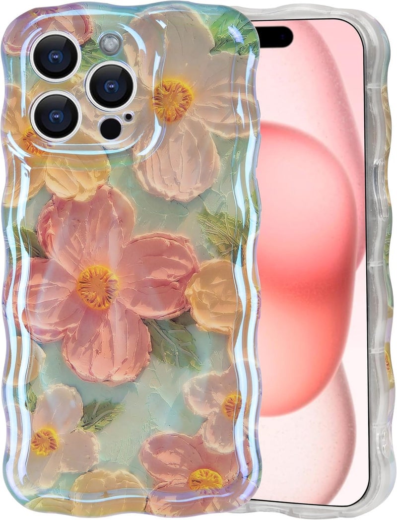حافظة لجهاز iPhone 15 Pro، طباعة زيتية رجعية ملونة، نقش زهور ليزر لامع، حدود موجات مجعدة لطيفة، حافظة هاتف أنيقة، حافظة حماي�� من TPU أنيقة ومتينة للفتيات، أخضر - Image 1