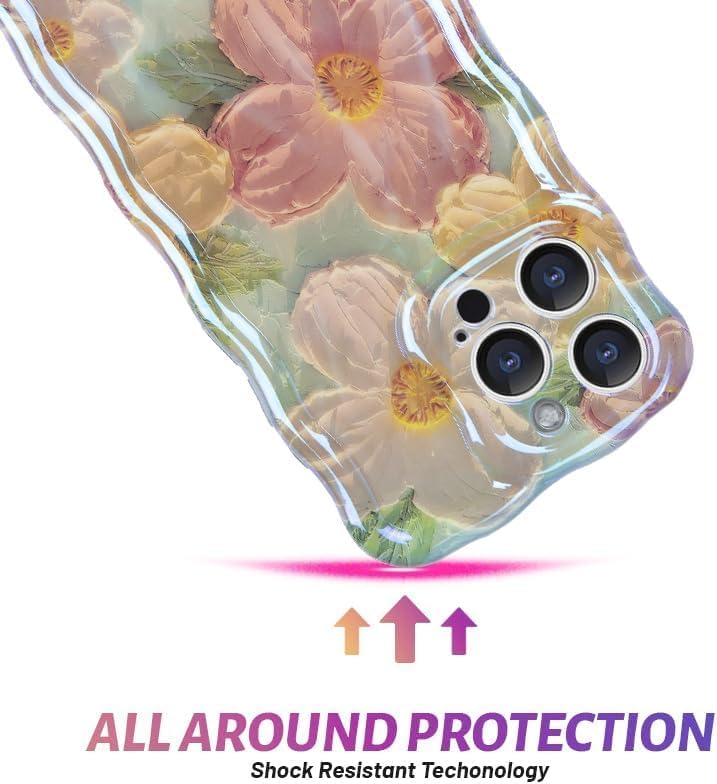 حافظة لجهاز iPhone 15 Pro، طباعة زيتية رجعية ملونة، نقش زهور ليزر لامع، حدود موجات مجعدة لطيفة، حافظة هاتف أنيقة، حافظة حماي�� من TPU أنيقة ومتينة للفتيات، أخضر - Image 5