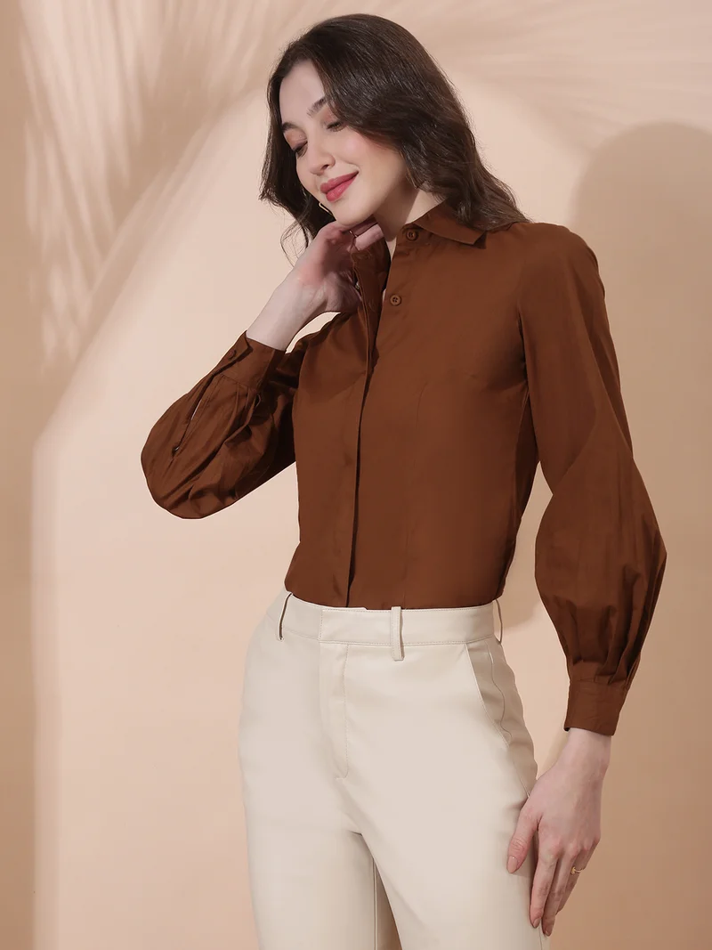 globus Globus Women Brown Spread Collar Bishop Cuffed Sleeves Concealed Button Placket Curved Hem Slim Fit Workwear Shirt