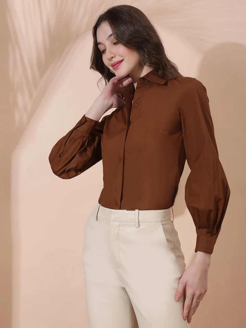 جلو باص Globus Women Brown Spread Collar Bishop Cuffed Sleeves Concealed Button Placket Curved Hem Slim Fit Workwear Shirt
