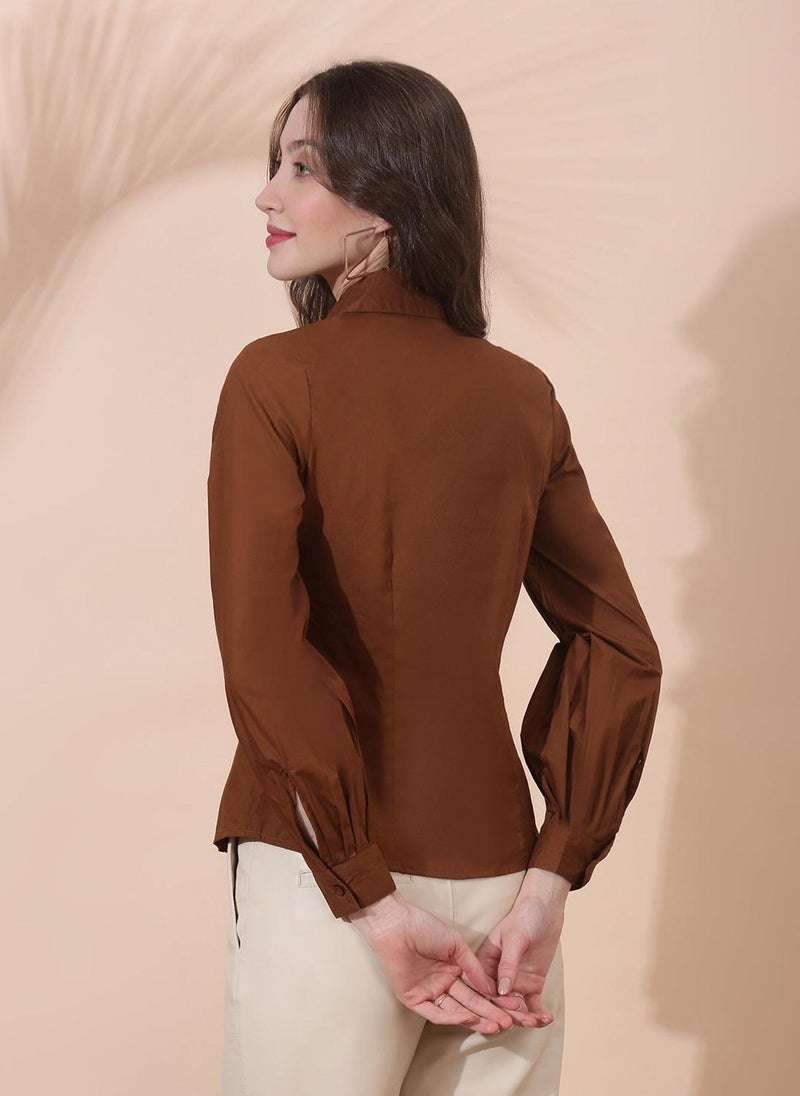 Globus Women's Brown Formal Shirt with Spread Collar and Long Cuff Sleeves - Image 4