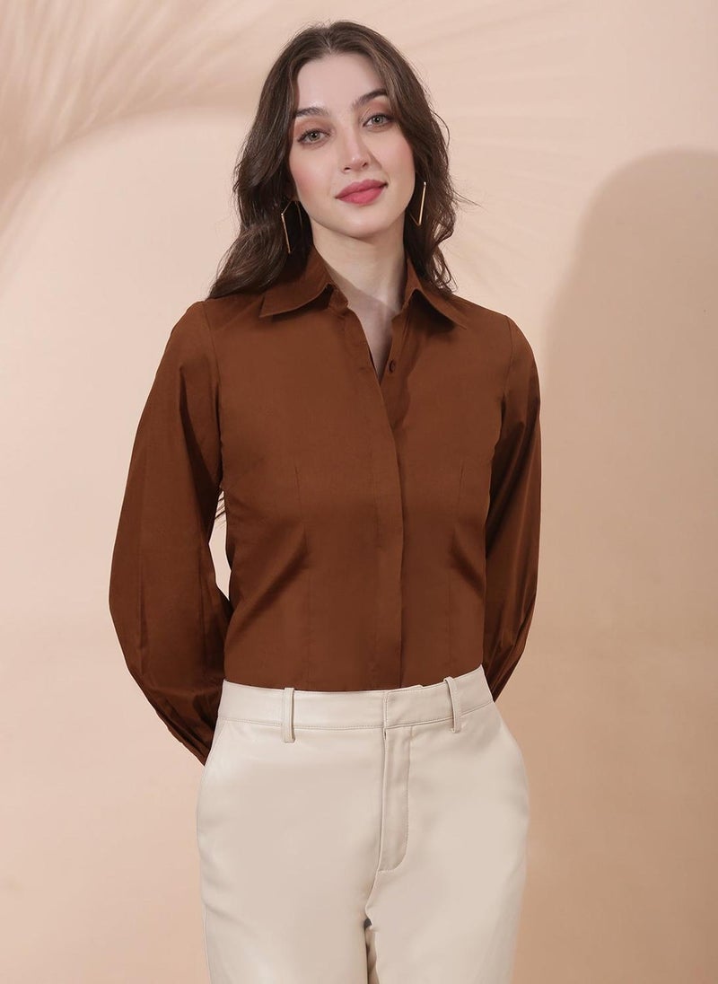 Globus Women's Brown Formal Shirt with Spread Collar and Long Cuff Sleeves - Image 1