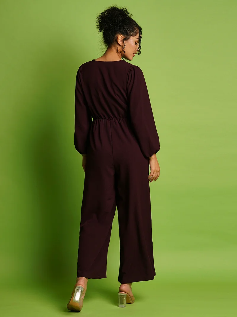 globus Women V-Neck Bishop Sleeves Gathered Detail Wrap Basic Jumpsuit