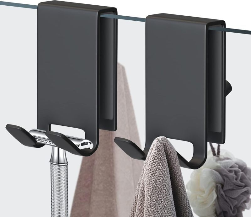 Frameless Glass Shower Door Hooks: 8*4.2*4.5cm Black Stainless Steel - Double-Sided Design With Non-Slip Sponge Pads, Strong Load Capacity for Bathroom Towels, Razors, Bath Balls - Image 2
