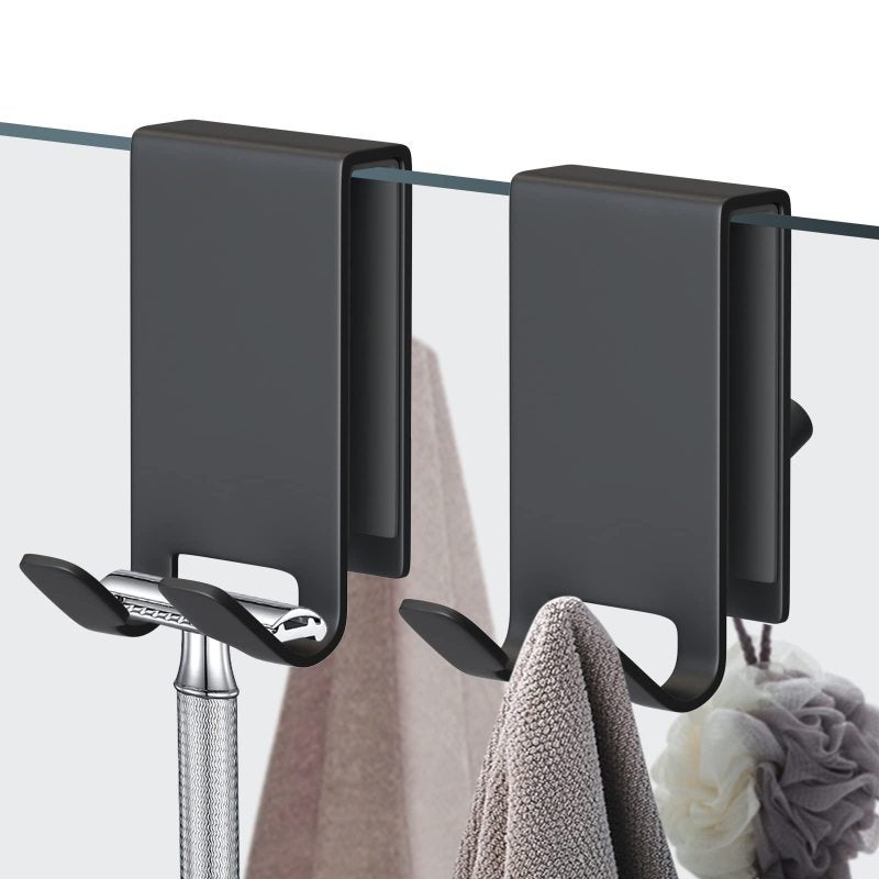 Frameless Glass Shower Door Hooks: 8*4.2*4.5cm Black Stainless Steel - Double-Sided Design With Non-Slip Sponge Pads, Strong Load Capacity for Bathroom Towels, Razors, Bath Balls - Image 1