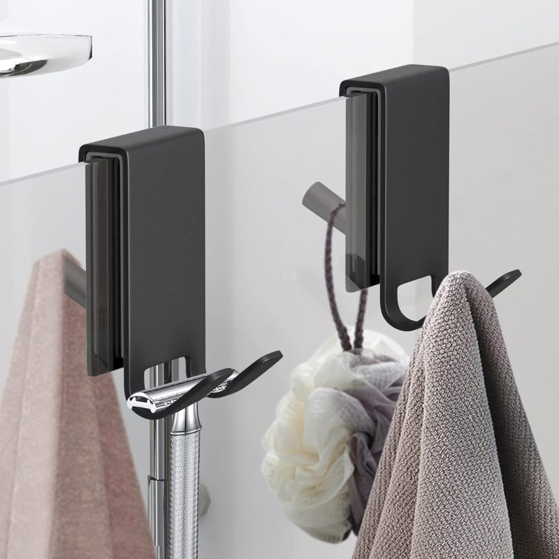 Frameless Glass Shower Door Hooks: 8*4.2*4.5cm Black Stainless Steel - Double-Sided Design With Non-Slip Sponge Pads, Strong Load Capacity for Bathroom Towels, Razors, Bath Balls - Image 4