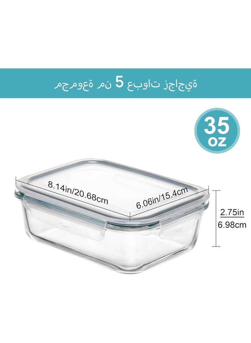 YelaJoy 5 Pack 35oz Glass Food Container with Lids, Containers for Kitchen Food with Snap Locking Lids for Microwave, Oven, Fridge and Dishwasher  - Image 2