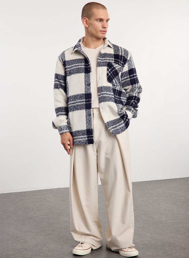 trendyol Ecru Unisex Oversize Fit Winter Plaid Lumberjack Shirt Jacket TMNAW25GO00024 - Image 3