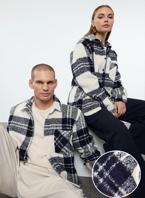 Ecru Unisex Oversize Fit Winter Plaid Lumberjack Shirt Jacket TMNAW25GO00024