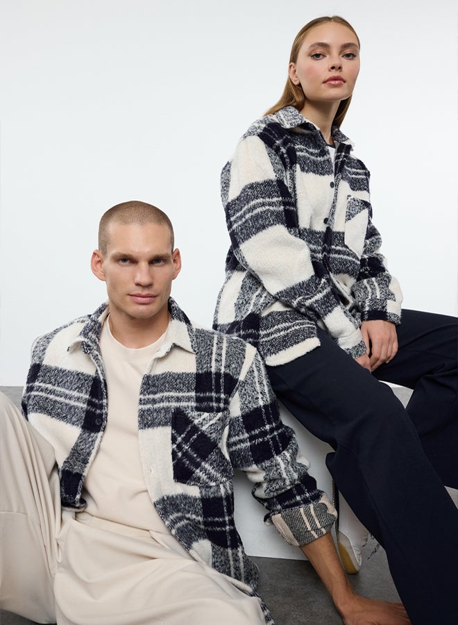 trendyol Ecru Unisex Oversize Fit Winter Plaid Lumberjack Shirt Jacket TMNAW25GO00024 - Image 2