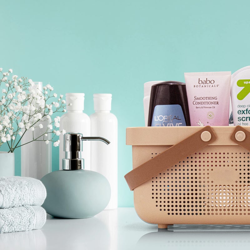 Brookstone BKH1634  Large Portable Shower Caddy with Soft Silicone Carrying Handle  Bathroom Organizer Basket  Plastic Bath Tote  Dries Quickly with Drainage Holes [BPA Free]  Blush Color - Image 5