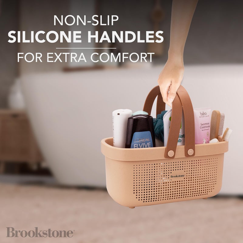 Brookstone BKH1634  Large Portable Shower Caddy with Soft Silicone Carrying Handle  Bathroom Organizer Basket  Plastic Bath Tote  Dries Quickly with Drainage Holes [BPA Free]  Blush Color - Image 2