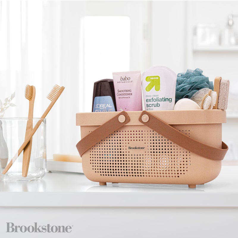 Brookstone BKH1634  Large Portable Shower Caddy with Soft Silicone Carrying Handle  Bathroom Organizer Basket  Plastic Bath Tote  Dries Quickly with Drainage Holes [BPA Free]  Blush Color - Image 3