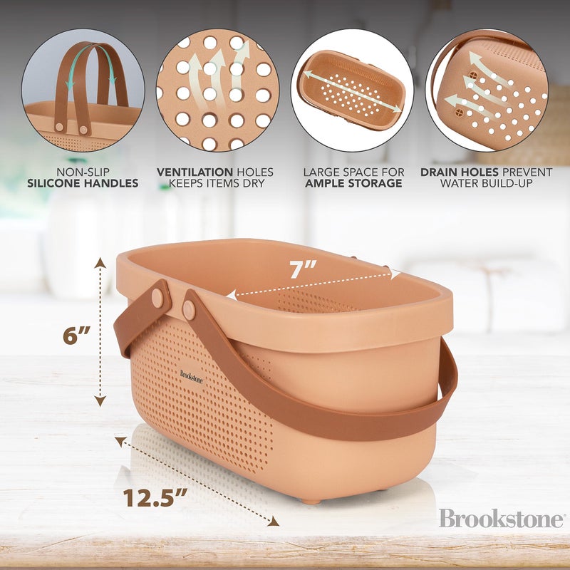 Brookstone BKH1634  Large Portable Shower Caddy with Soft Silicone Carrying Handle  Bathroom Organizer Basket  Plastic Bath Tote  Dries Quickly with Drainage Holes [BPA Free]  Blush Color - Image 4