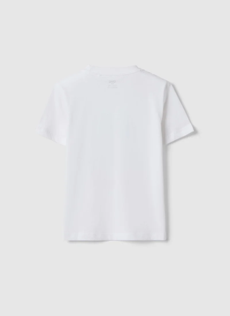 او في اس OVS Children'S White Pure Cotton T-Shirt Regular Fit With Palm Print