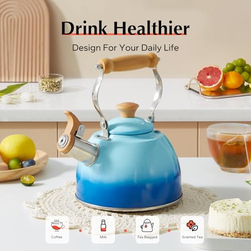 ROCKURWOK غلاية الشاي ROCKURWOK، إبريق شاي مع مقبض مريح بلمسة باردة، إبريق شاي من الفولاذ المقاوم للصدأ، غلاية شاي على الموقد، إبريق غلاية، غلاية شاي تصدر صفير، إبريق شاي صغير، 1.6 لتر (أزرق) - Image 2