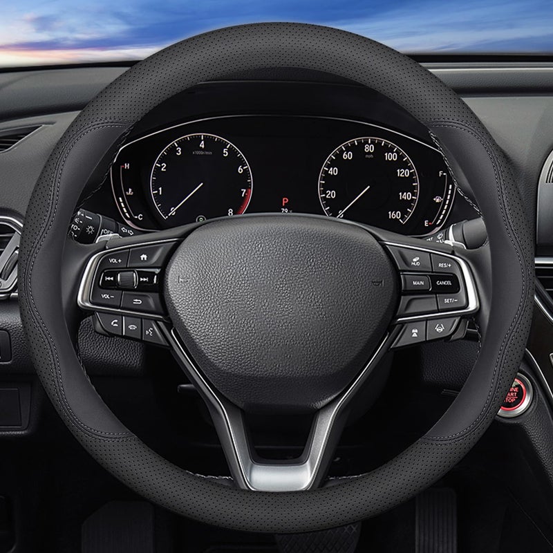XHRING Car Steering Wheel Cover for Ford F150 F250 F350 Super Duty Expedition Toyota Tacoma Tundra 4Runner RAM 1500 2500 3500 Lexus GX Grand Caravan Range Rover Accessories Leather Black 15 16