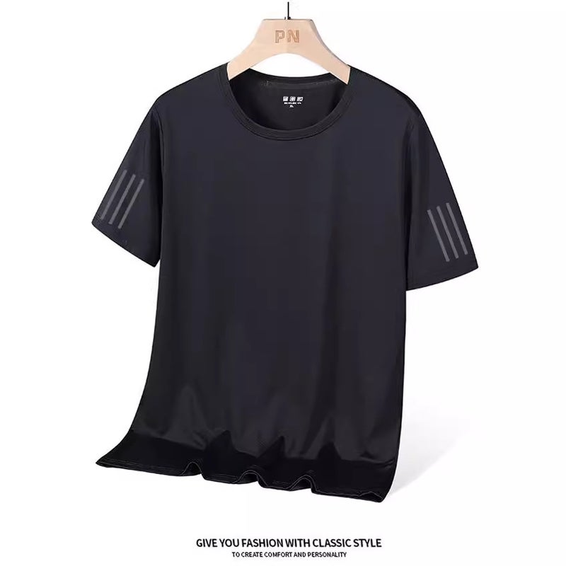 Nano Small Hole Round Neck Ice Silk Men'S And Women'S Same Loose Plus Size Three Bars Solid Color Casual Sports High Elastic Plus Size Top - Image 4