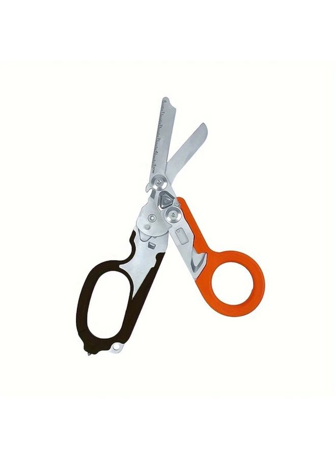 Orange Black 6 in 1 Stainless Steel Folding Scissors with Cutter and Glass Breaker - Image 1
