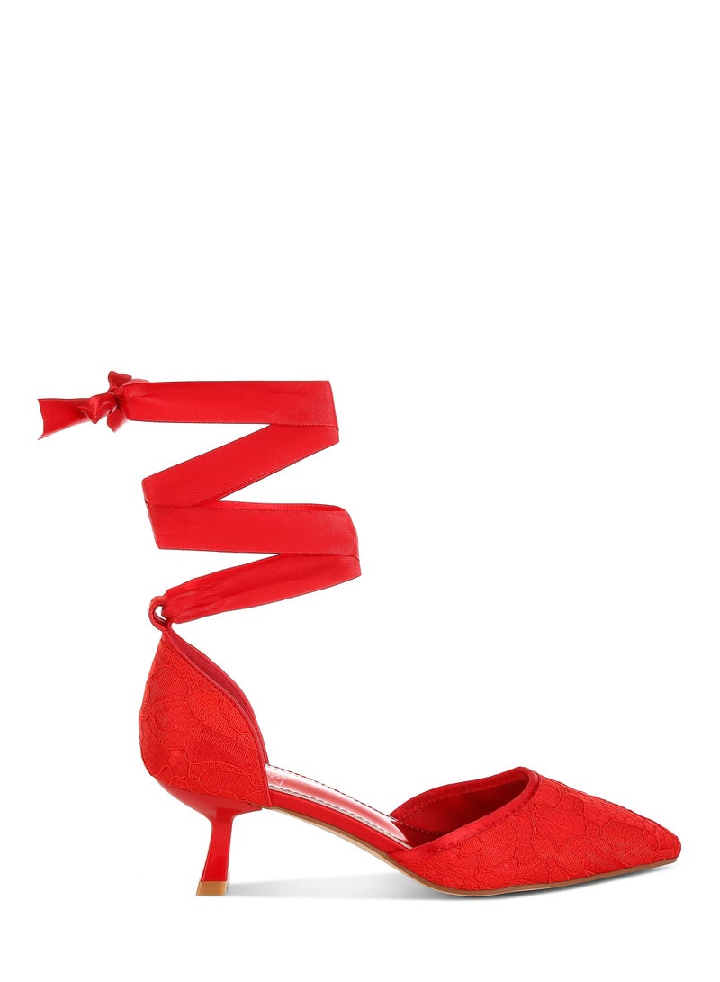 London Rag Lace Kitten Heel Sandals in Red  - Image 2