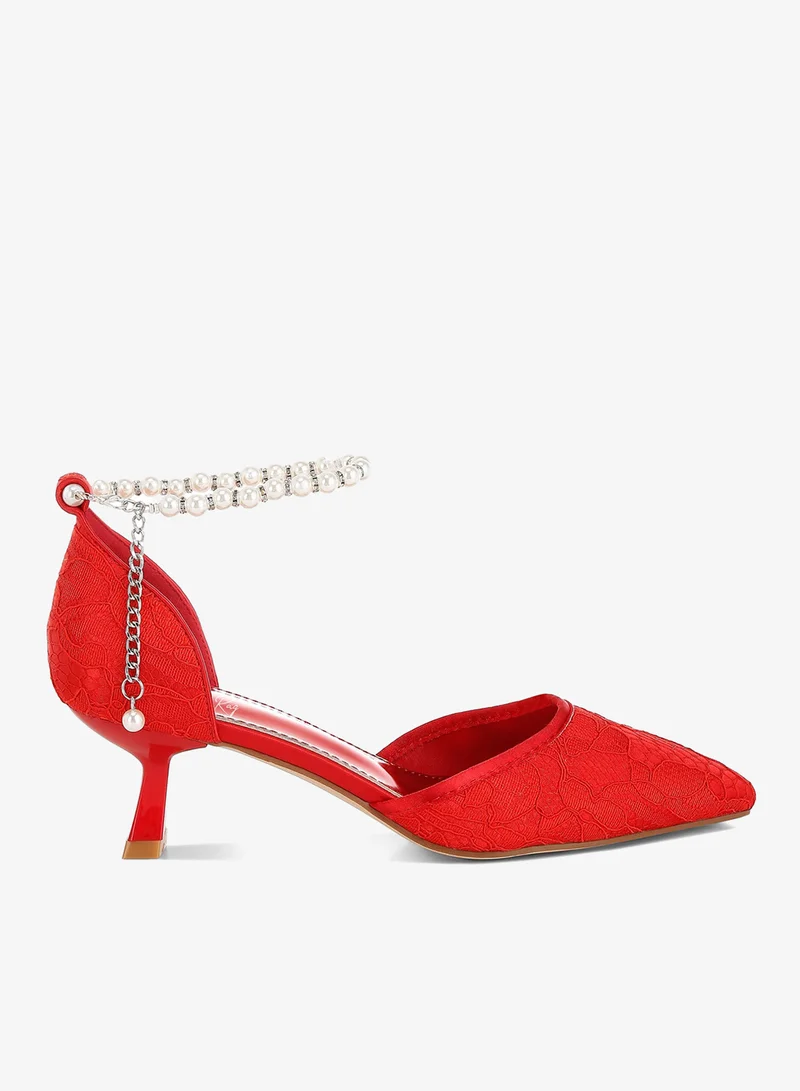 Lace Kitten Heel Sandals in Red