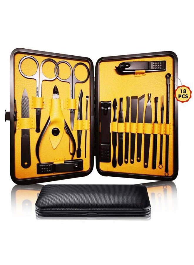QLNE Manicure Pedicure Kit Nail Clippers Set 18 in 1 High Precision Stainless Steel Cutter File Sharp Scissors for Men & Women Fingernails & Toenails Vibrissac Scissors with Stylish Case (Yellow_18in1) - Image 1