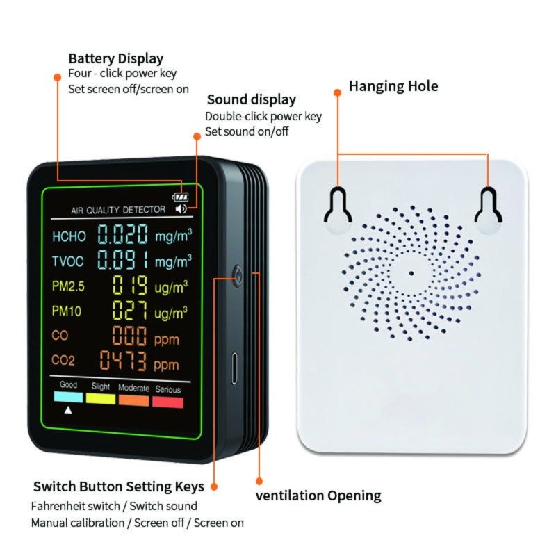 6-in-1 Air Quality Tester, capable of measuring PM2.5, PM10, CO, TVOC, and HCHO, suitable for multiple scenarios - Image 5