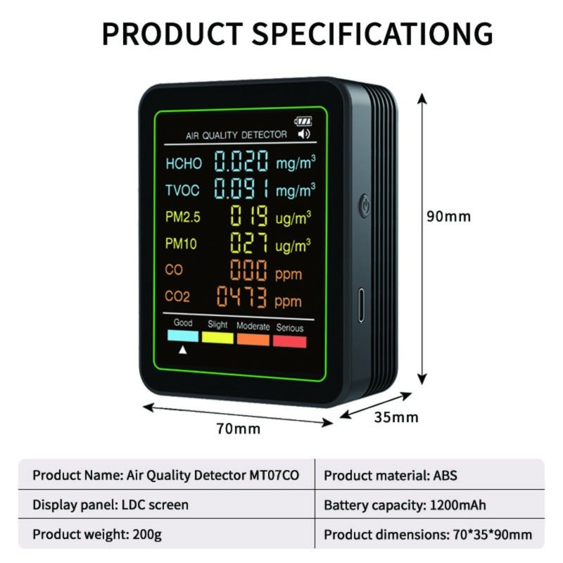 6-in-1 Air Quality Tester, capable of measuring PM2.5, PM10, CO, TVOC, and HCHO, suitable for multiple scenarios - Image 2