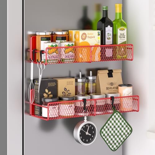 DTUQYX Magnetic Spice Rack for Refrigerator 2 Pack 100 Metal Strong Magnet Shelf Space Saving Spice Organizer W Hooks Movable Magnetic Fridge Shelf Kitchen Home Laundry Room Storage Organization Red - Image 1