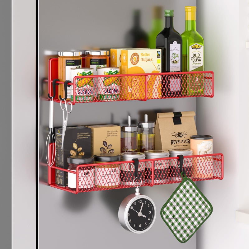 DTUQYX Magnetic Spice Rack for Refrigerator 2 Pack 100 Metal Strong Magnet Shelf Space Saving Spice Organizer W Hooks Movable Magnetic Fridge Shelf Kitchen Home Laundry Room Storage Organization Red - Image 2