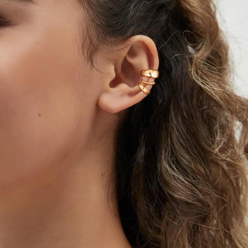 OOOPEL Chunky Ear Cuffs for Women Non Piercing Well-Rounded Fake Ear Cuff Beaded Cuff Earrings Round Edge Cuff Earrings for Women Big Gold Earring Cuffs Set - Image 2
