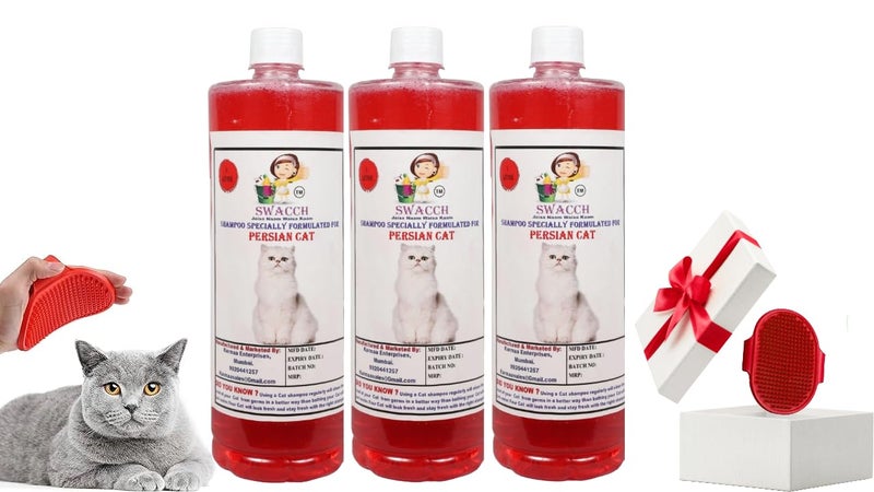 Swacch Persian Cat Shampoo -1 Litre (Pack of 3) (Strawberry) + Bath Brush with Adjustable Straps Combo Pack - Image 1