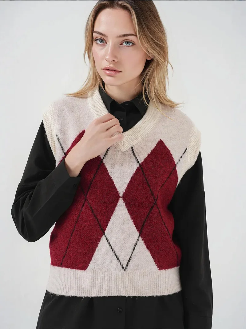 Big Dart Red V-Neck Knit Sweater Vest with Ribbed Trim for Women | Best Price UAE