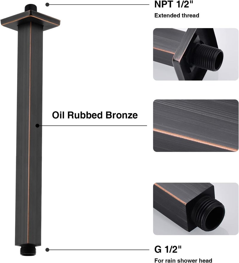 Square Shower Arm with Flange, 12 Inch Ceiling Mounted Extension Arm, Square Shaped Rainfall Shower Head Extender Arm, Oil Rubbed Bronze - Image 3