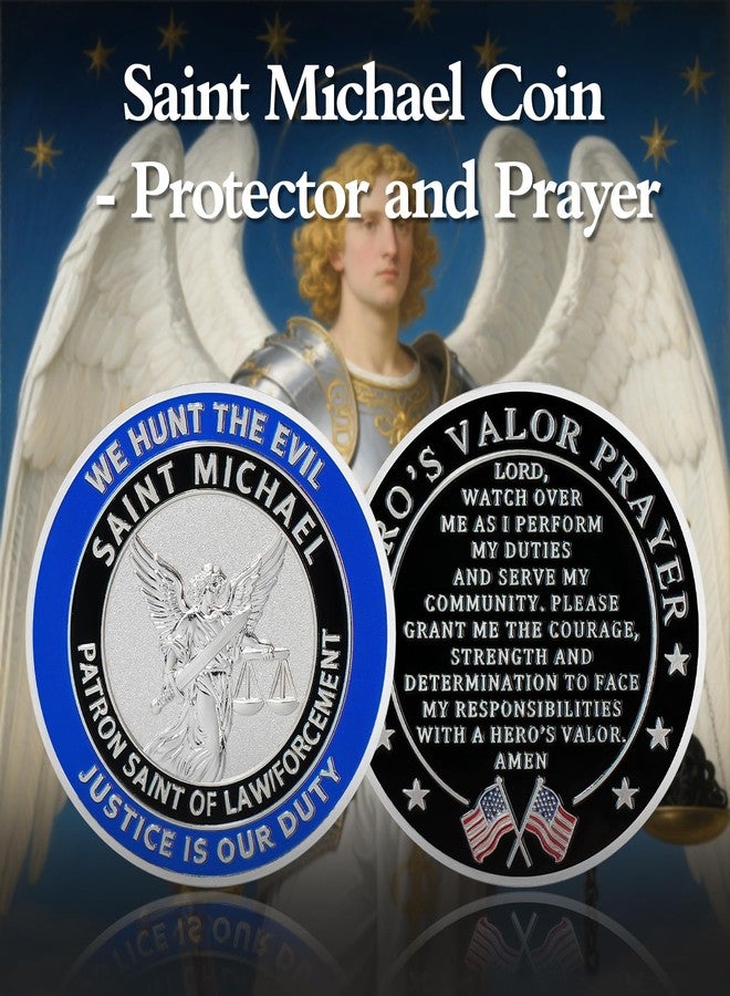 ASmileIndeep St Michael Challenge Coin - Saint Michael Law Enforcement Prayer Coin Police Officers Commemorative Coin - Guardian Angel Protector Thin Blue Line Law Enforcement Souvenir Gift - Image 2
