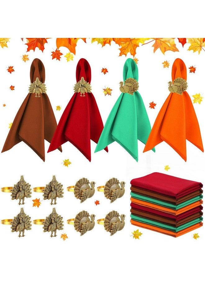 eBoot 16 Pcs Fall Thanksgiving Napkin Ring Set 8 Pcs Napkin Rings And 8 Pcs Washable Thanksgiving Dinner Napkins For Fall Party Holiday Kitchen Table Decoration For Autumn Party Supplies Decor (Turkey)  - Image 2