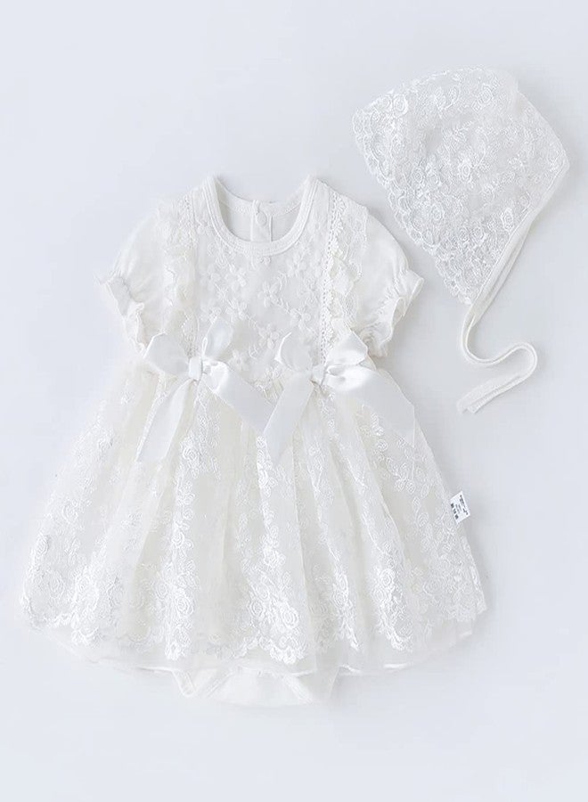 IBAKOM NewBorn Infant Baby Girl Fall Winter Dress Toddler Easter Birthday Outfits Long Sleeve Christening Baptism Tulle Tutu Dresses with Bonnet Flower Girl Wedding Prom Dress White Bow 3-6 Months - Image 2