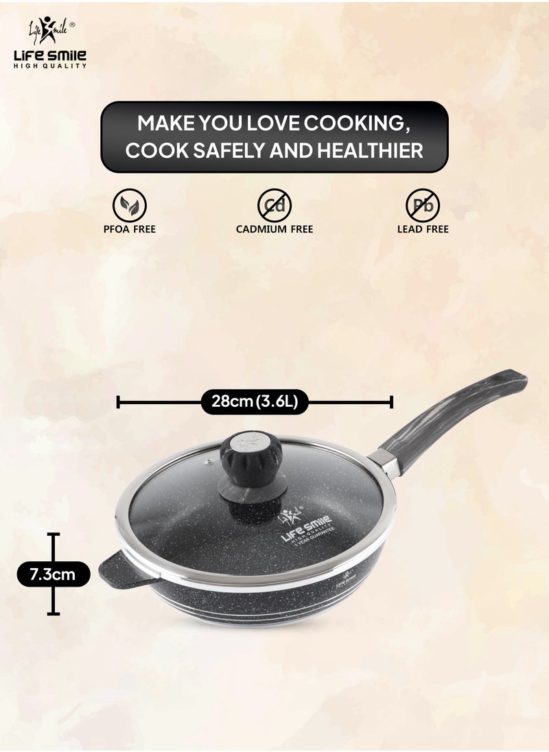 Life Smile - LIFE SMILE Deep Frying Pan 24cm (2.4 Liters) With Lid - Multi Layer Granite Coating Non Stick Fry Pan | Heat Resistant Handle With Hanging Loop | Oven Safe (Black) - Image 1