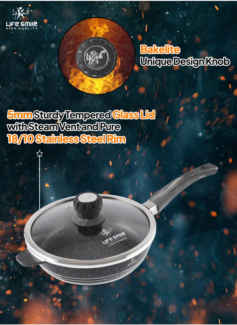 Life Smile - LIFE SMILE Deep Frying Pan 24cm (2.4 Liters) With Lid - Multi Layer Granite Coating Non Stick Fry Pan | Heat Resistant Handle With Hanging Loop | Oven Safe (Black) - Image 1