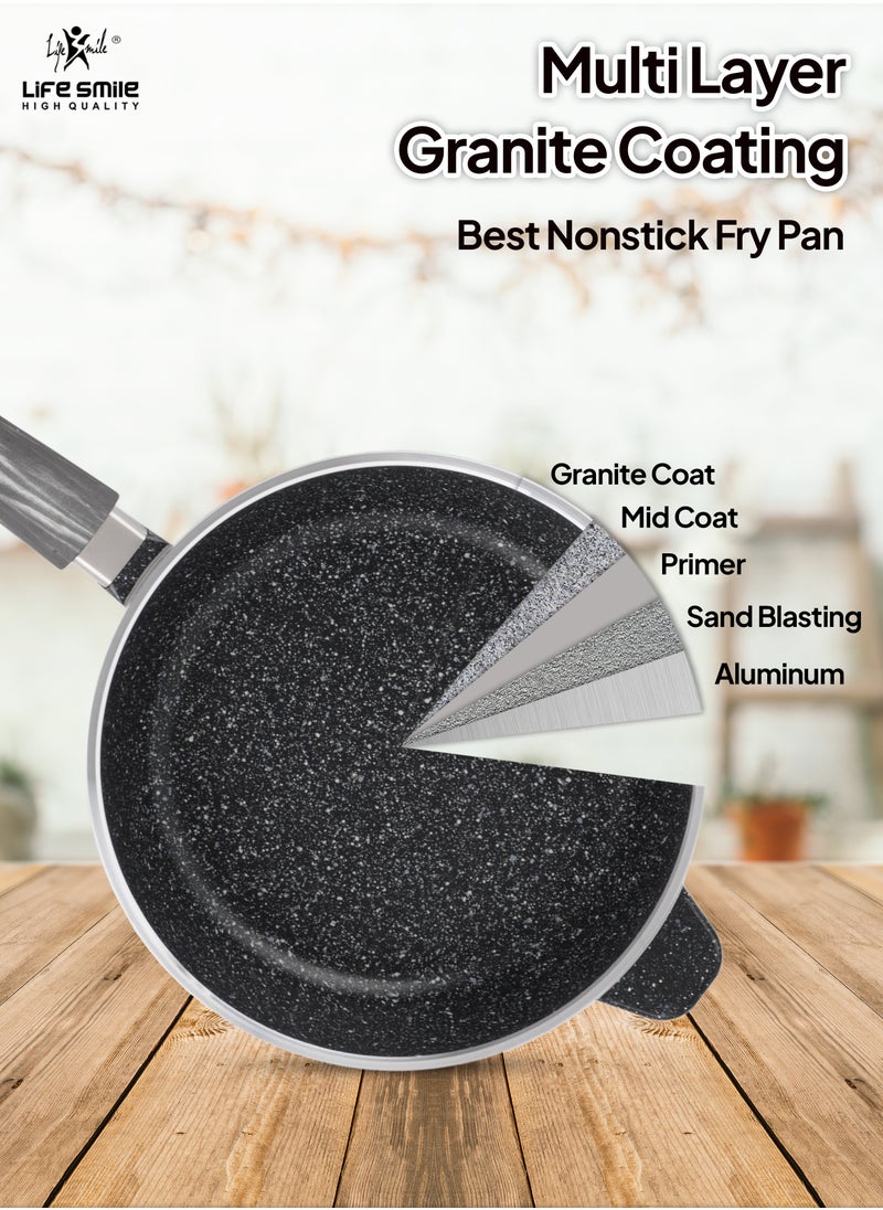 Life Smile - LIFE SMILE Deep Frying Pan 24cm (2.4 Liters) With Lid - Multi Layer Granite Coating Non Stick Fry Pan | Heat Resistant Handle With Hanging Loop | Oven Safe (Black) - Image 1
