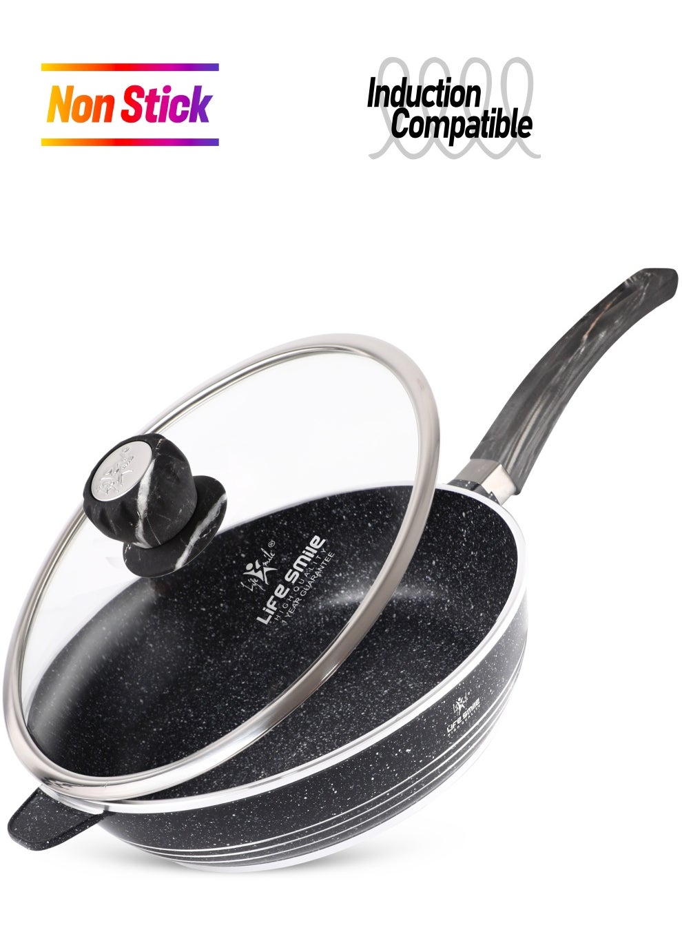 Life Smile LIFE SMILE Deep Frying Pan 24cm (2.4 Liters) With Lid - Multi Layer Granite Coating Non Stick Saute Pan | Stay Cool Handle With Hanging Loop | Oven Safe (Black) 