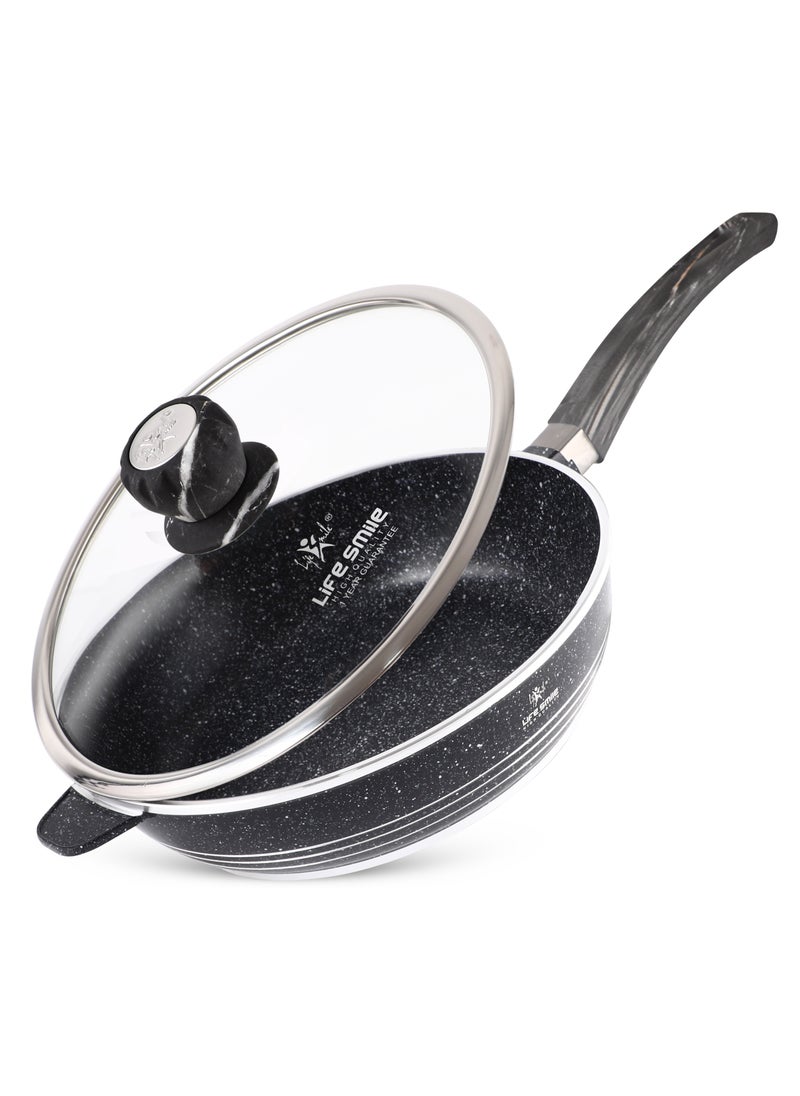 Life Smile - LIFE SMILE Deep Frying Pan 24cm (2.4 Liters) With Lid - Multi Layer Granite Coating Non Stick Fry Pan | Heat Resistant Handle With Hanging Loop | Oven Safe (Black) - Image 1