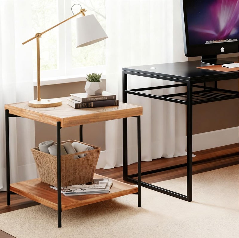 CONSDAN StoneCreek Solid Fir Wood Side Table - Metal Frame, 2-Tier End Table for Living Room/Bedroom/Office, 23" Square Night Stand, Accent Table - Image 5