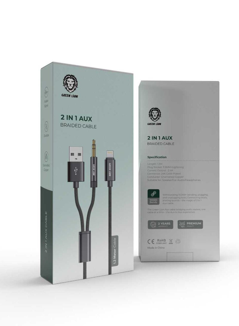 Green Lion 2 in 1 AUX Braided Cable 1.2M - Black - Image 2