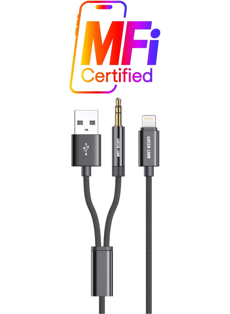 Green Lion 2 in 1 AUX Braided Cable 1.2M - Black - Image 1