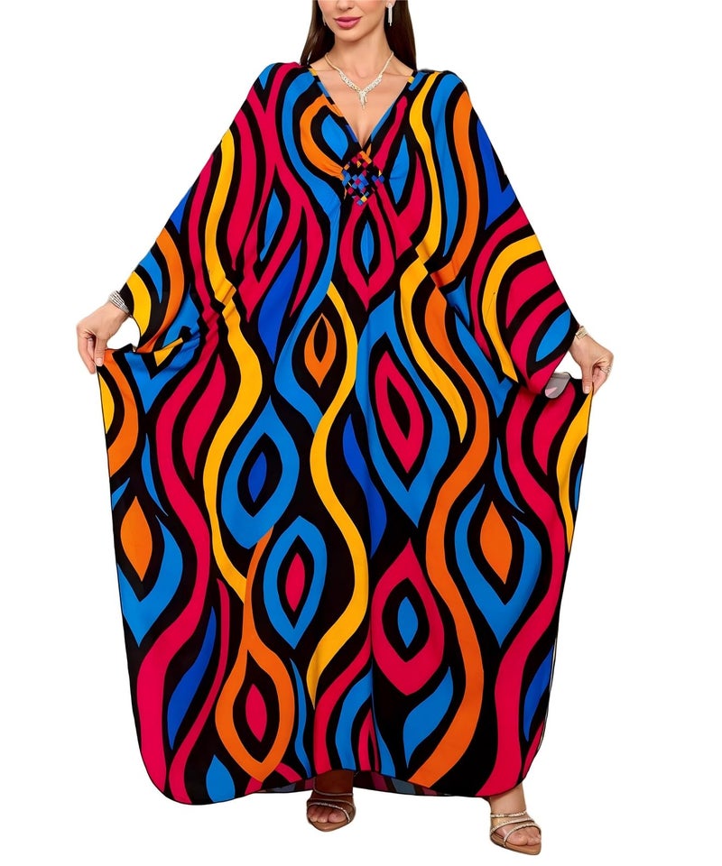 IMAGEKOPE Kaftan Dresses for Women Plus Size V-Neck Moo Moos Batwing Kaftan Beach Dress Bathing Suit Cover-Up Loungewear - Image 1