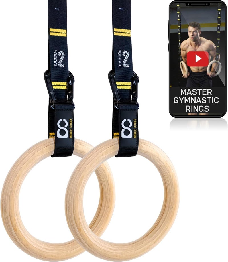 Double Circle Wood Gymnastics Rings with Quick Adjust Numbered Straps and Exercise Videos Guide - Full Body Workout Rings, Calisthenics, Home Gym (Multi-Size) - Image 1