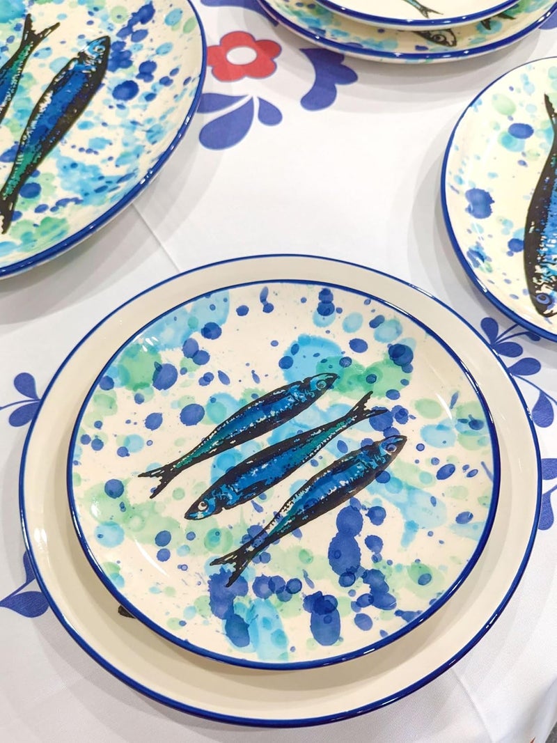 Portuguese Pottery Ceramic Dessert Plate Made in Portugal  Splash Sardines 4 95 inches Blue White Green 02001201 - Image 5